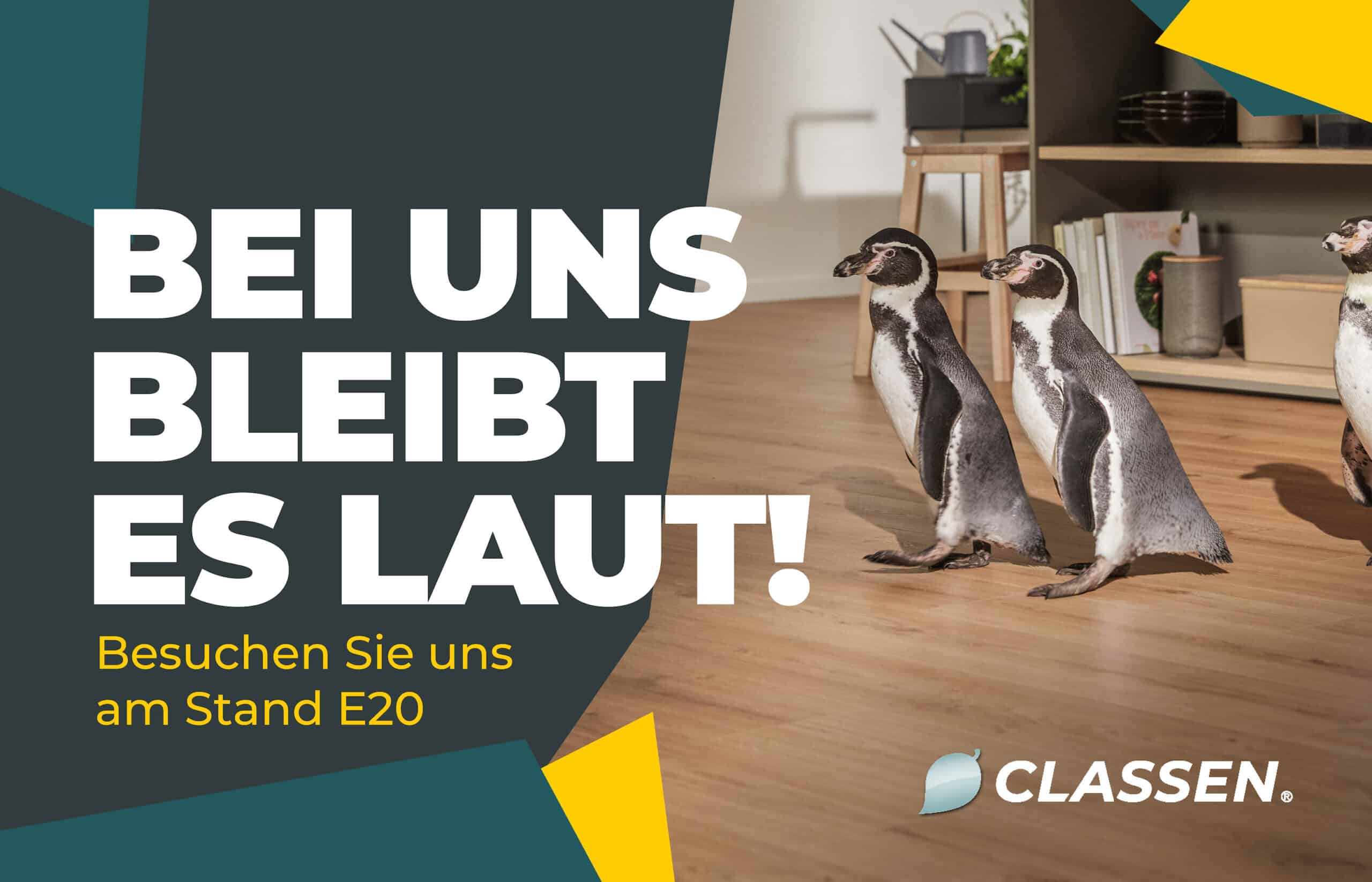 Ein Plakat mit dem Schriftzug Sei bei uns dabei und mehreren Pinguinen, die über einen Holzboden laufen
