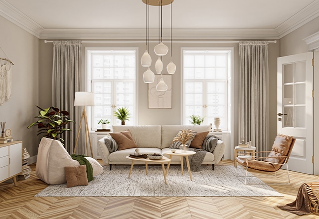 Wohnzimmer mit weißem Sofa und hellen Möbeln