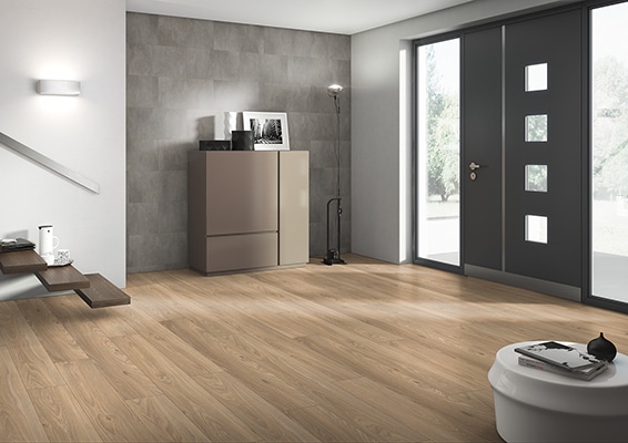 Moderner Eingangsbereich mit hellem Vinylboden in Holzoptik, grauer Haustür und minimalistischer Einrichtung